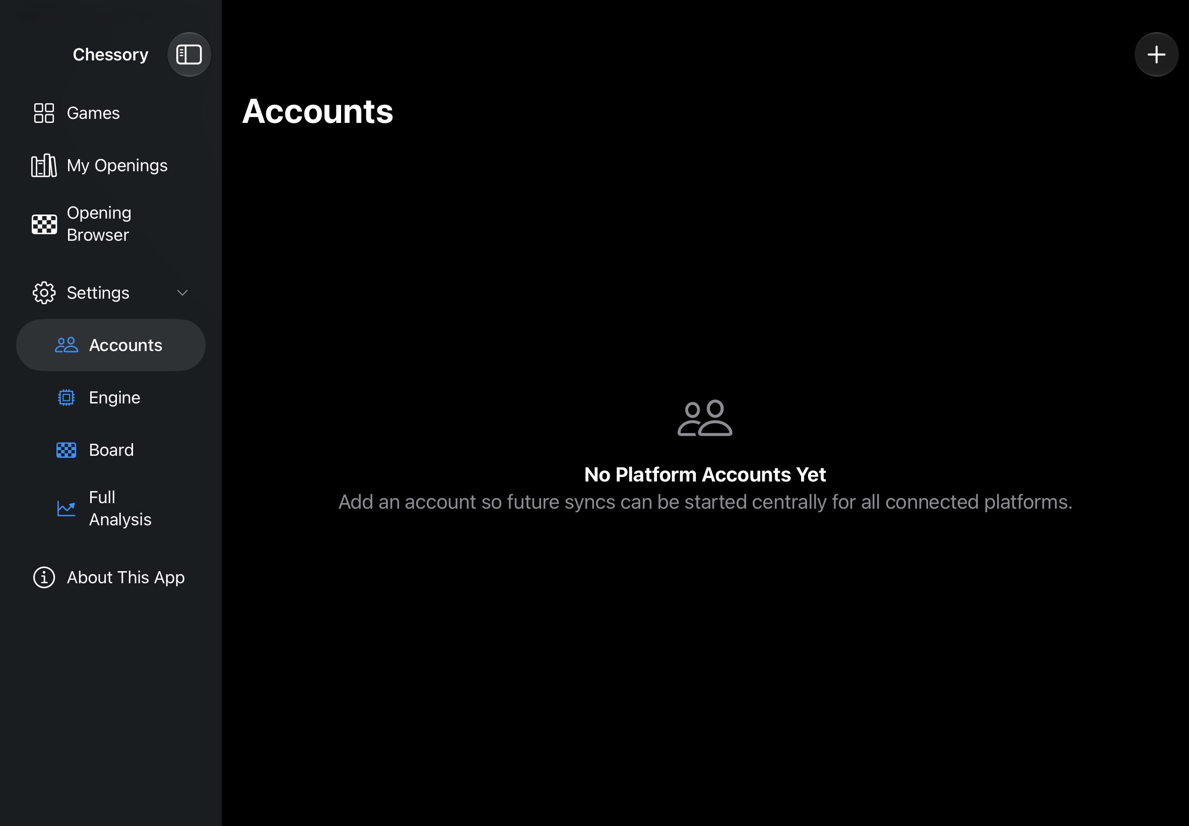Chessory: Settings, Accounts in the sidebar