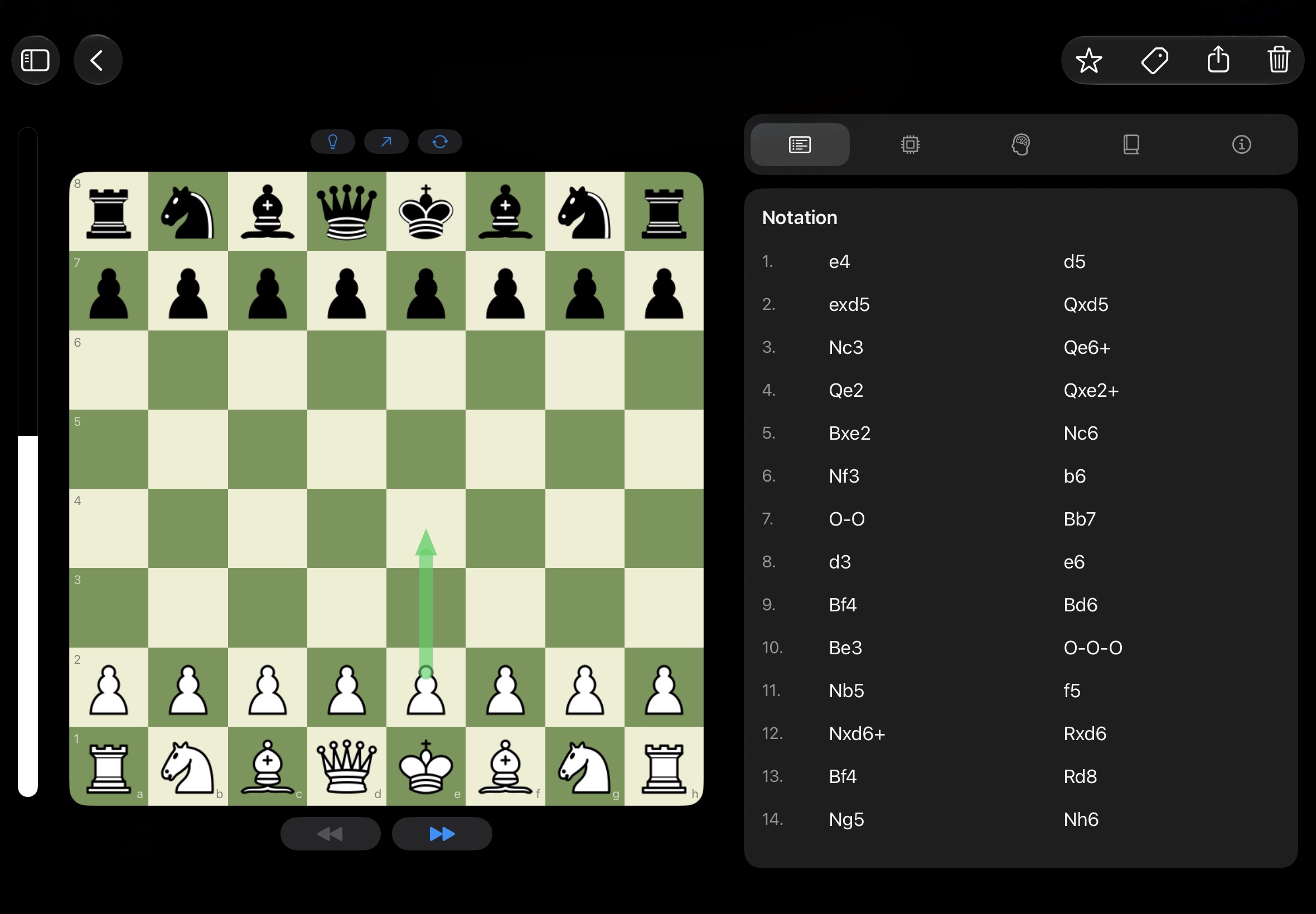 Chessory auf dem iPad: eine Partie mit Notation